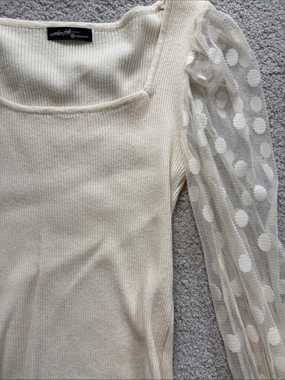 Vici Cream Square Neck Knit Top with Sheer Polka Dot Puff Sleeves - Picture 2 of 5